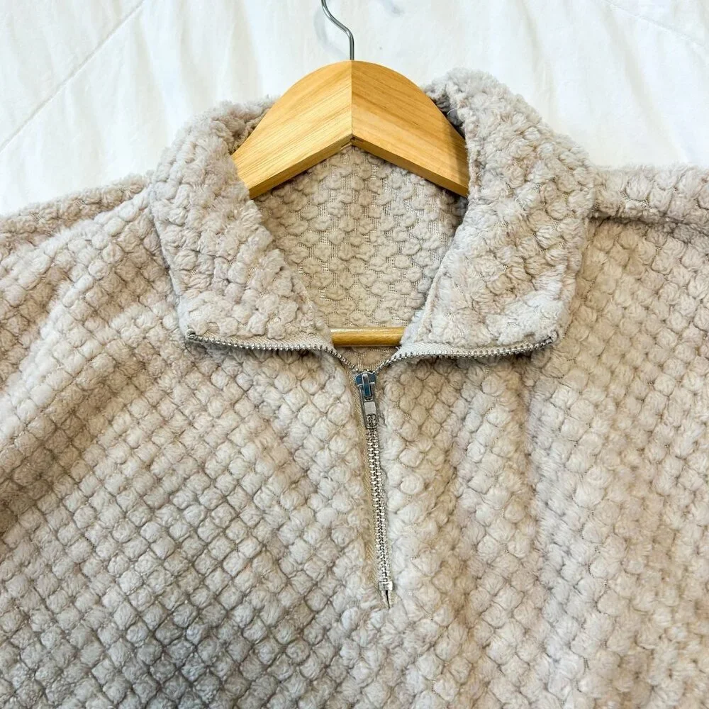 Shein Beige Textured Fleece Pullover Medium Long Sleeve 1/4 Zip Cozy Sweatshirt